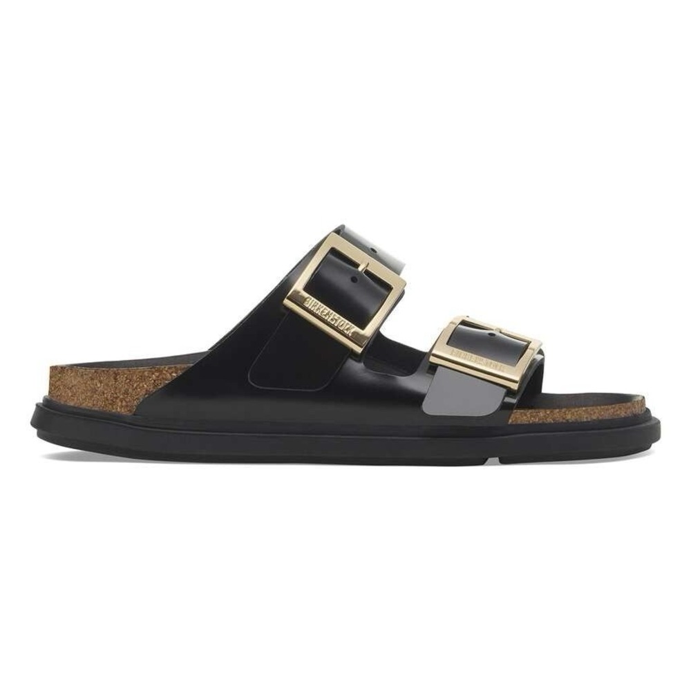 Birkenstock Arizona Droplet Buckle EU38 US7 Sandals High Shine Black Gold Narrow